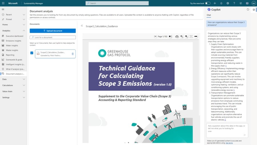 Screenshot showing how the Copilot-powered document analysis feature in Microsoft Sustainability Manager enables you to upload ESG documents that you want to query.