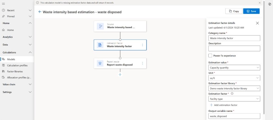 Screenshot of the waste estimation feature in Microsoft Sustainability Manager, which allows you to estimate waste quantities generated through customizable intensity-based factors.