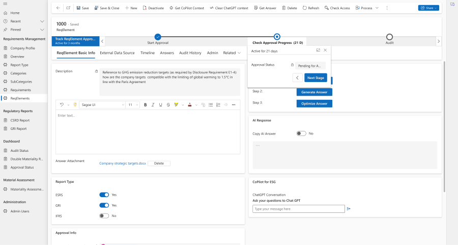 Screen view of Accenture and Avanade’s generative AI-powered solution reflecting the steps through the approval process. Within the screen, users have an option to query CoPilot for ESG as well. 