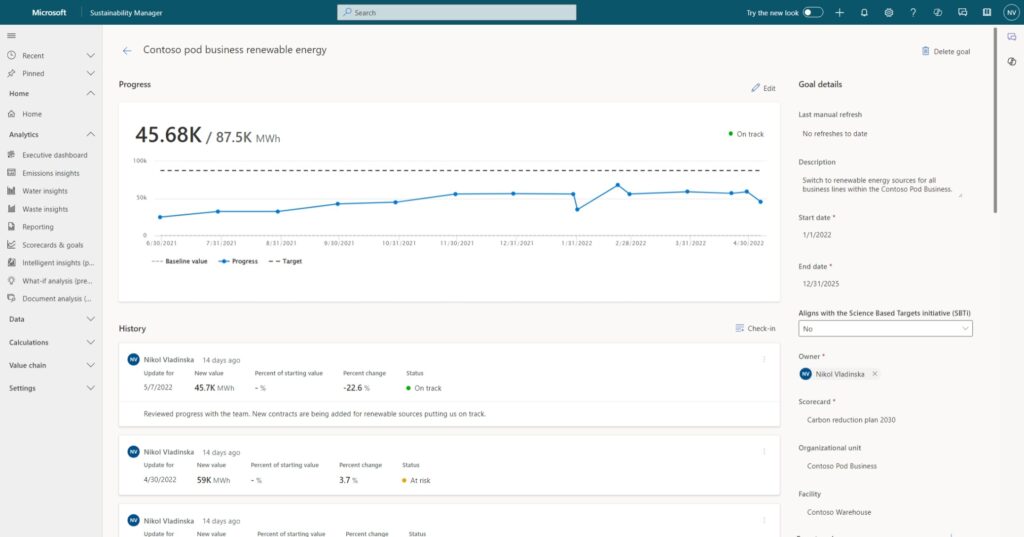 Screenshot of a sample renewable energy goal for the Contoso Pod Business organizational unit.