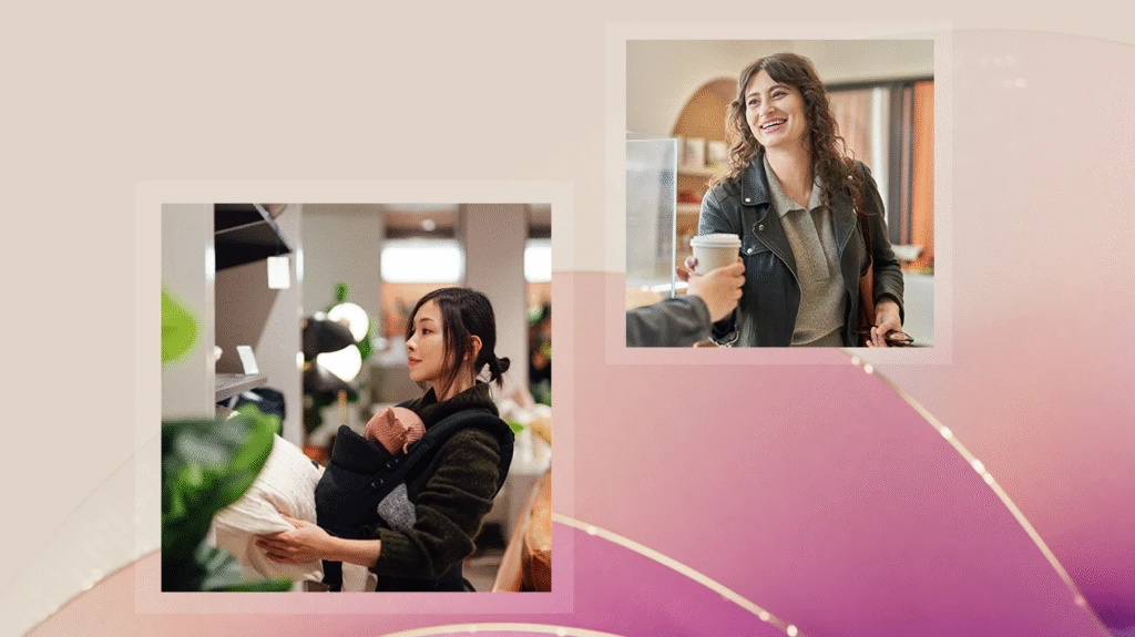 Professional receiving coffee in a modern café setting; a person holding a baby in a carrier.