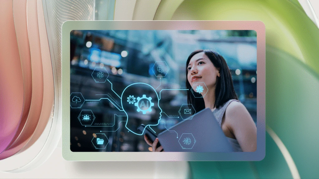 Person looking up to the sky with small AI themed images overlayed.