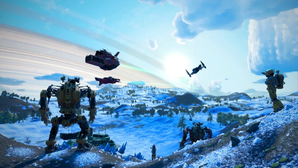 ゲーム画面: 雪原で惑星開発する大型ロボットや飛行艇