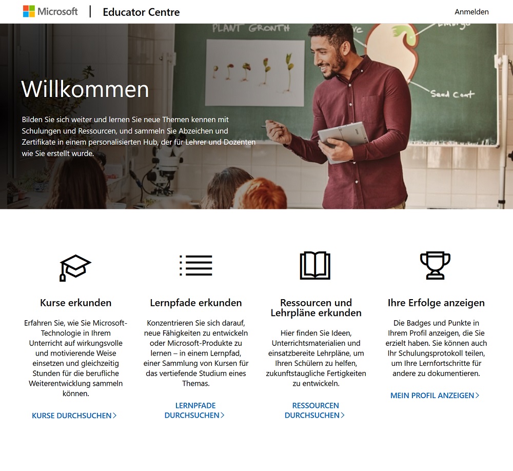 Ein Screenshot der Startseite des Microsoft Educator Centre