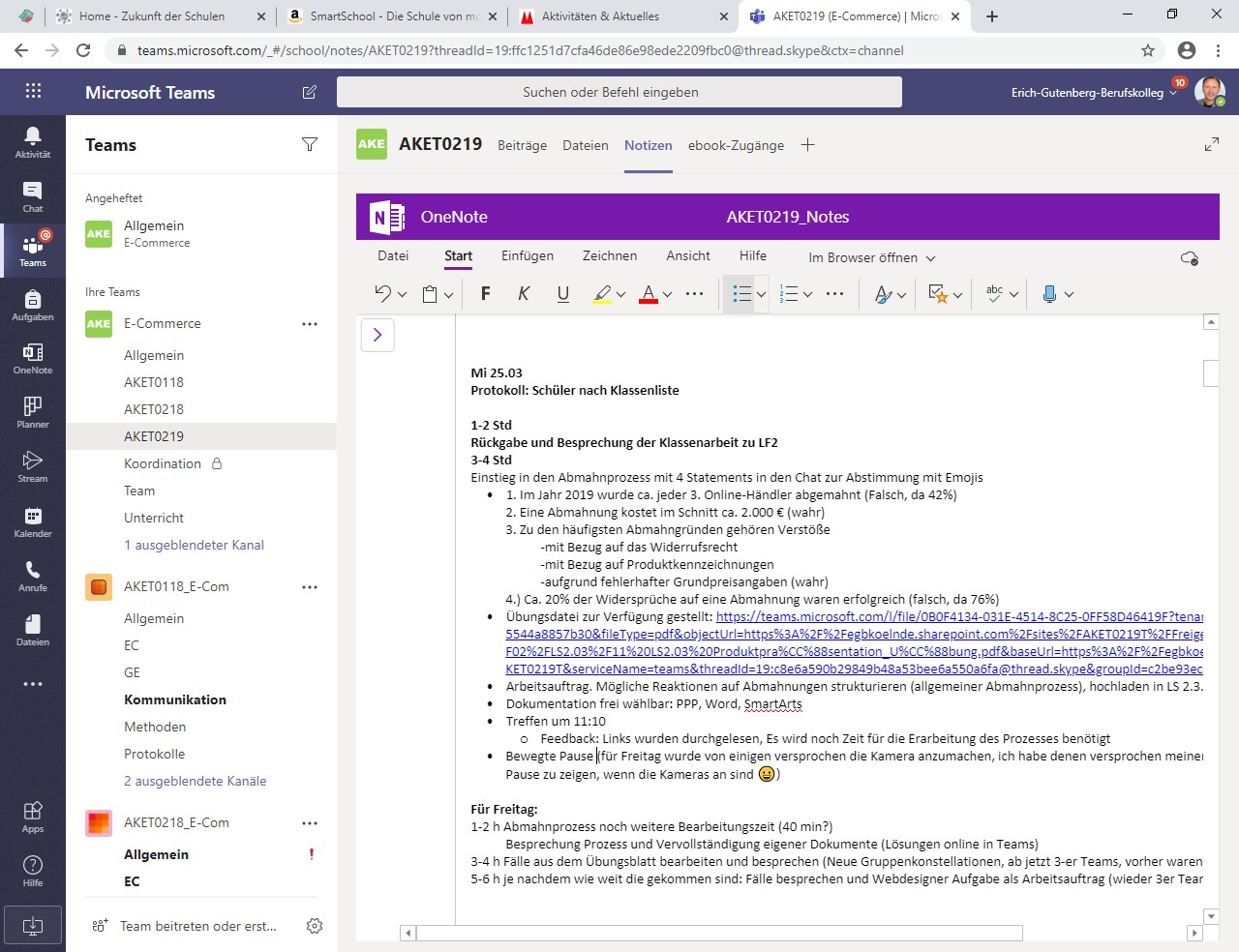 Lehrerprotokoll in OneNote für das Staffelstabprinzip