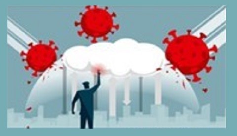 Illustration von einem Menschen vor einer geschützten Stadt die von großen Viren angegriffen wird.