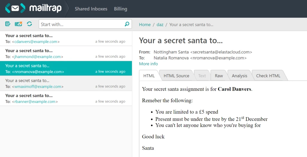 A screenshot of an email sent by the program that shows the name of the secret santa, as well as the rules of the gift exchange.
