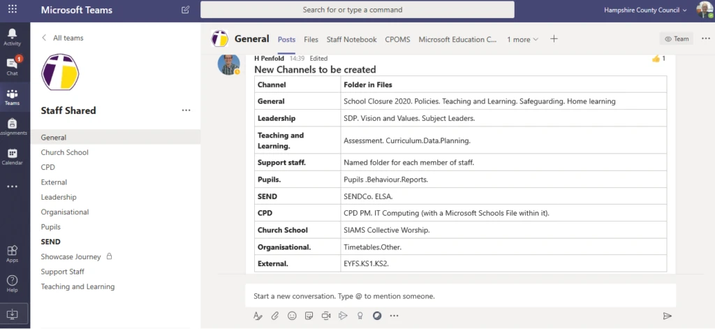 Screenshot of a Staff Teams in Microsoft Teams for Education
