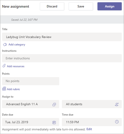 Screenshot showing how to add an assignment