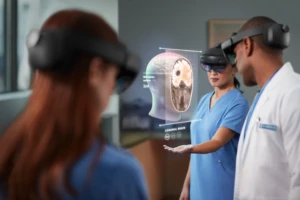 Three doctors using Microsoft HoloLens 2 to analuse the human brain. HoloLens improves clinical effectiveness by allowing doctors to visual imagery.