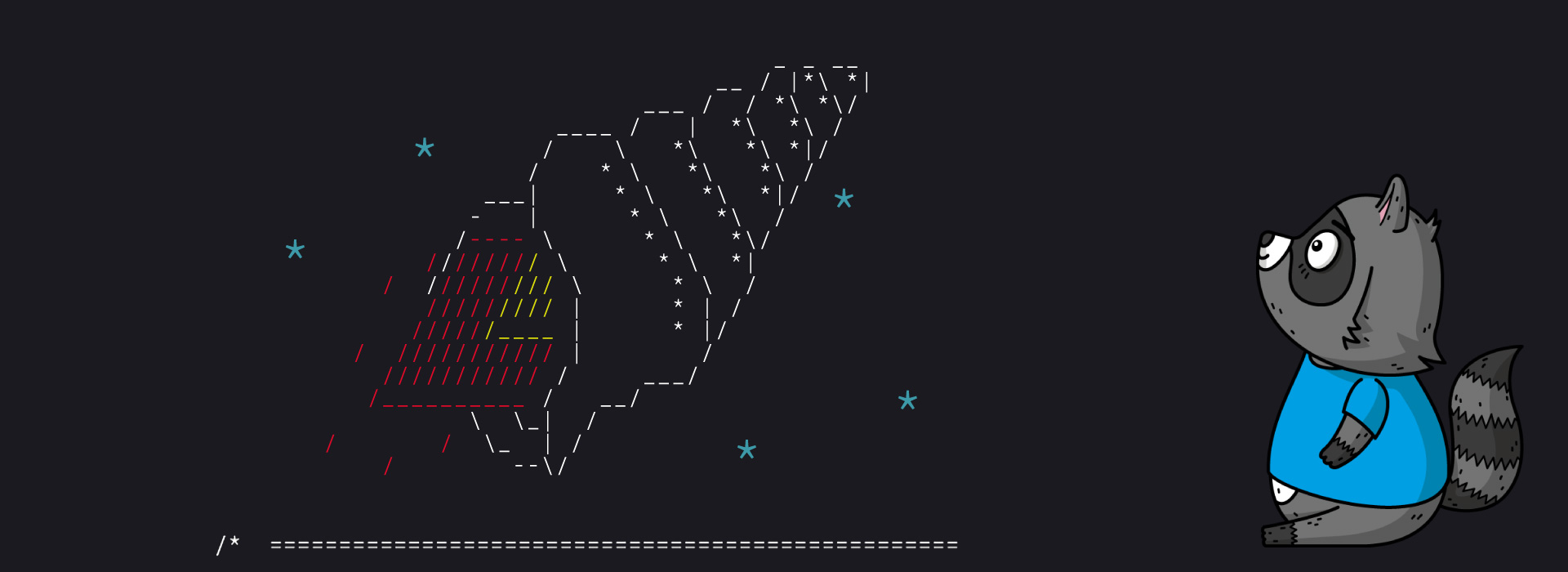 An image of a conch shell made with ASCII art, next to an illustration of Bit the Raccoon.
