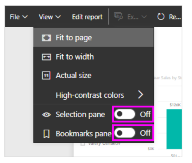 The selection pane and bookmarks pane switched off in Power BI.