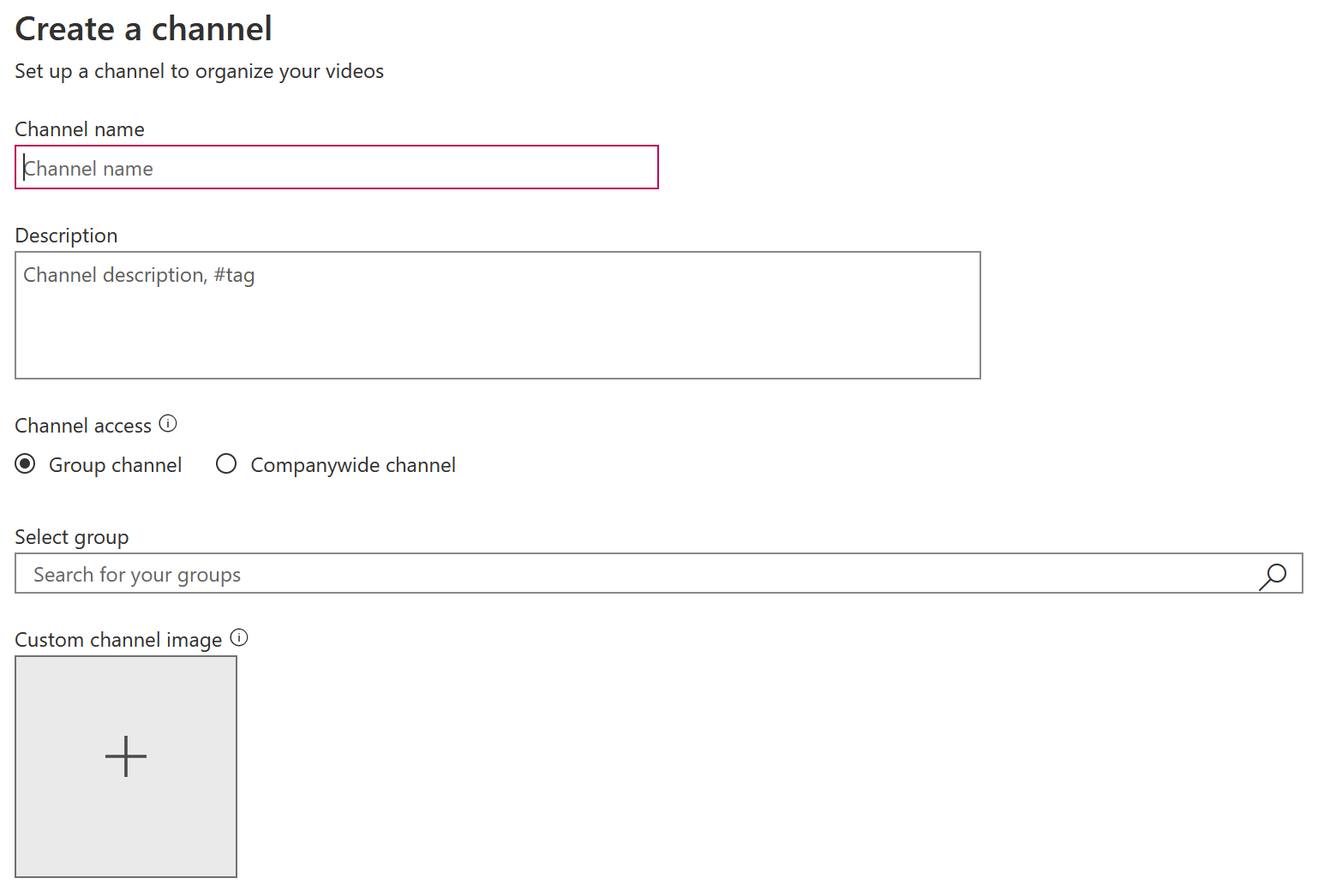 Screenshot of how to create a channel in Microsoft Stream