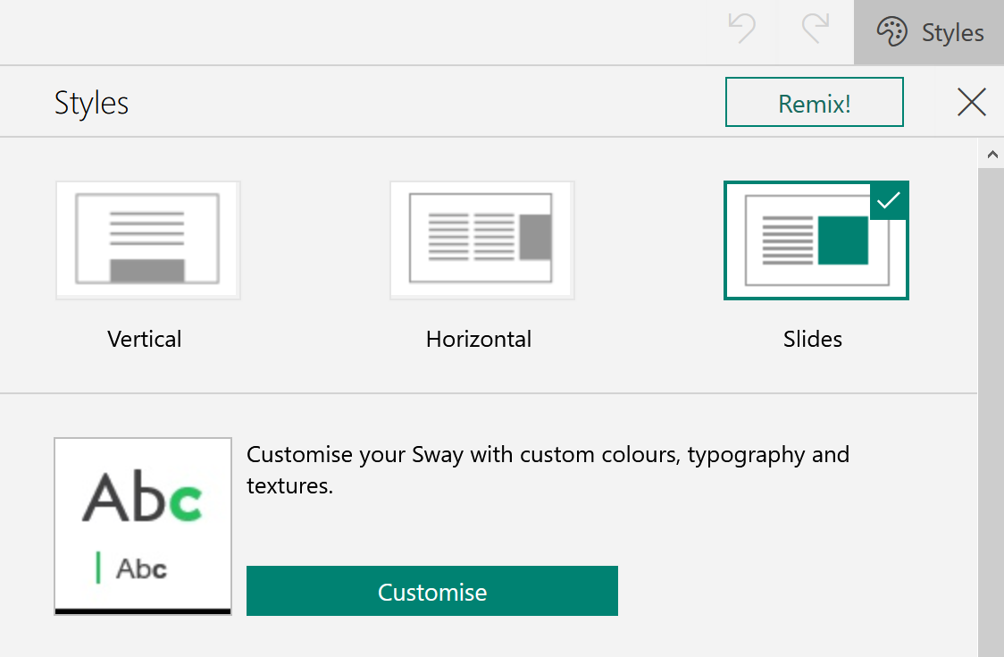 Screenshot of how to set slide format in Microsoft Sway