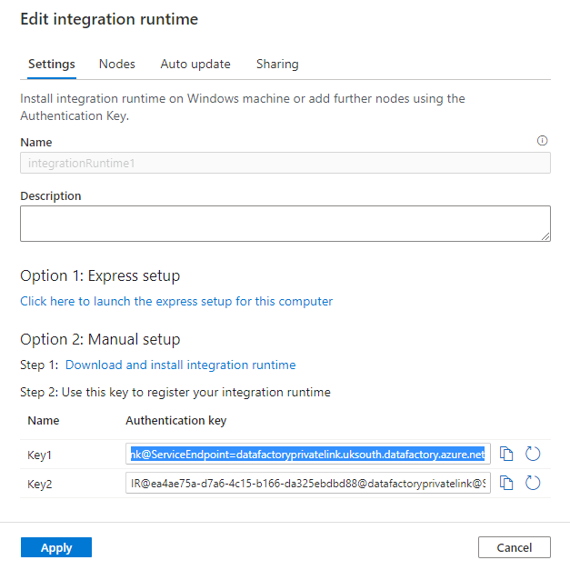 A screenshot of the Integration runtime Authentication Key dialog, in Azure Data Factory.