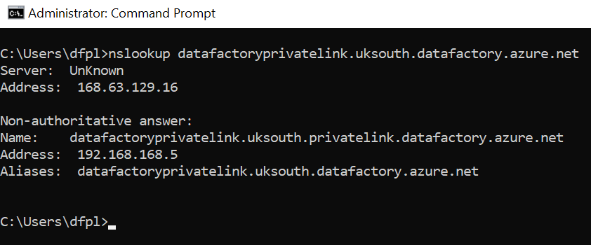A screenshot of command prompt showing DNS resolution in Azure Data Factory