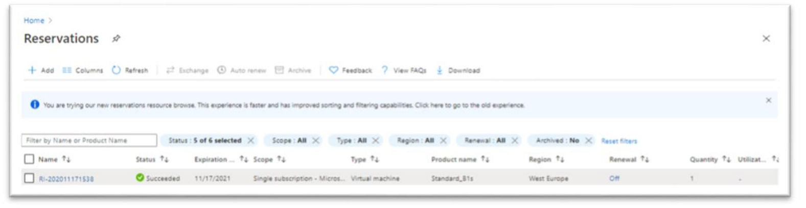 A screenshot of Azure Reservations, taken from the Azure Portal
