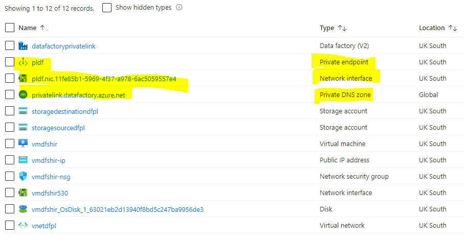 A screenshot of the resource list - after adding Azure private link.
