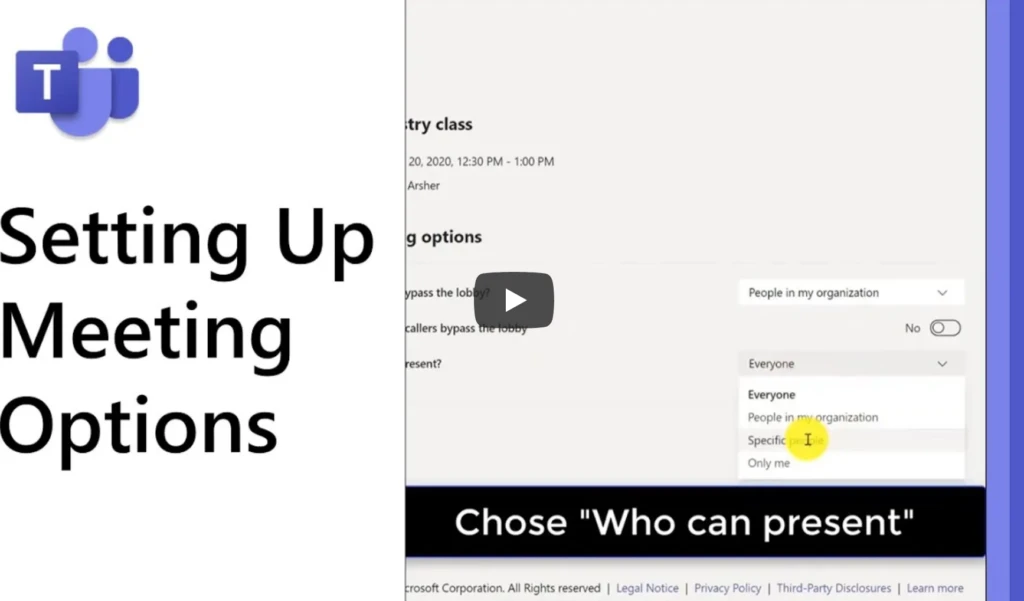 An image still from a video on how to set up meeting options
