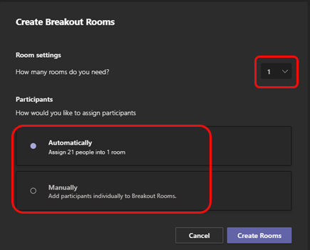 A screenshot of Breakout Room options from Microsoft Teams