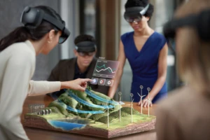 Group of government utility workers using Microsoft HoloLens 2 to collaborate on a wind farm development project for sustainability..