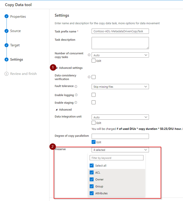 A screenshot of the settings pane in the Copy Data tool