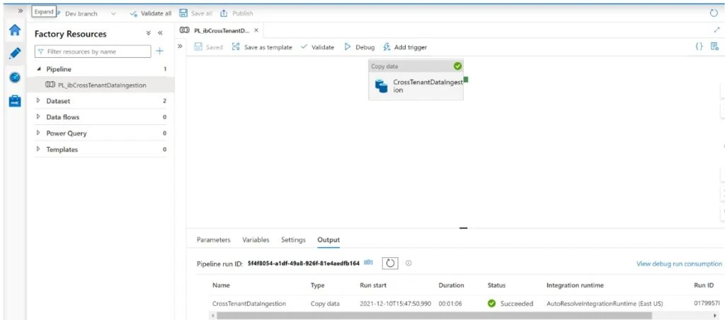 A screenshot showing the final solution setup in Data Factory