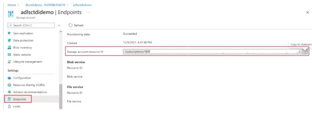 A screenshot of the Storage account resource ID