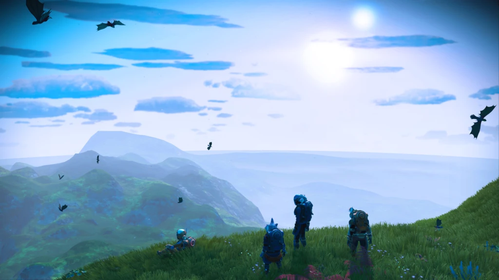 A screenshot from the No Man's Sky videogame showing a group of players enjoying an alien landscape
