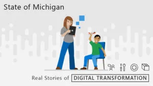 Woman holding a Surface. Young boy sitting down playing with an airplane. "State of Michigan": "Real Stories of Digital Transformation."