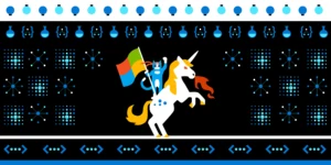 animated image of a unicorn with a microsoft logo flag
