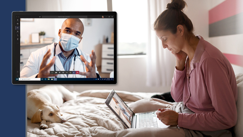 Woman sitting on the bed listening to the doctor through a Teams video call