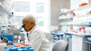 Woman Scientist looking through microscope