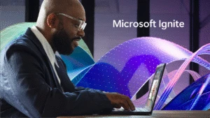 A Man working on his laptop. The image is titled Microsoft Ignite