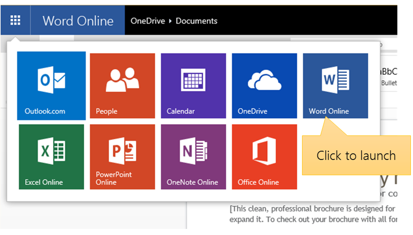 Сервисы Microsoft. Microsoft Office ONEDRIVE. Click to launch
