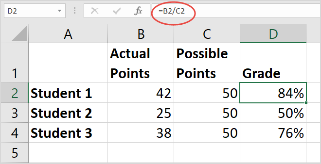 Calculating percentages in Excel, demonstrating the basic formula in the app.