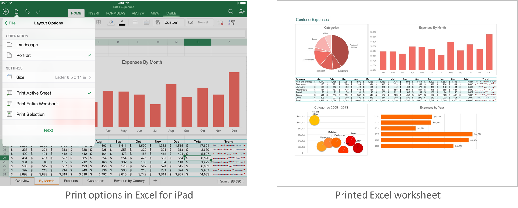 Print options in Excel for iPad and printed Excel worksheet