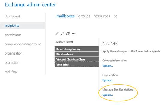 Updating multiple mailboxes in exchange admin center for message sizes.