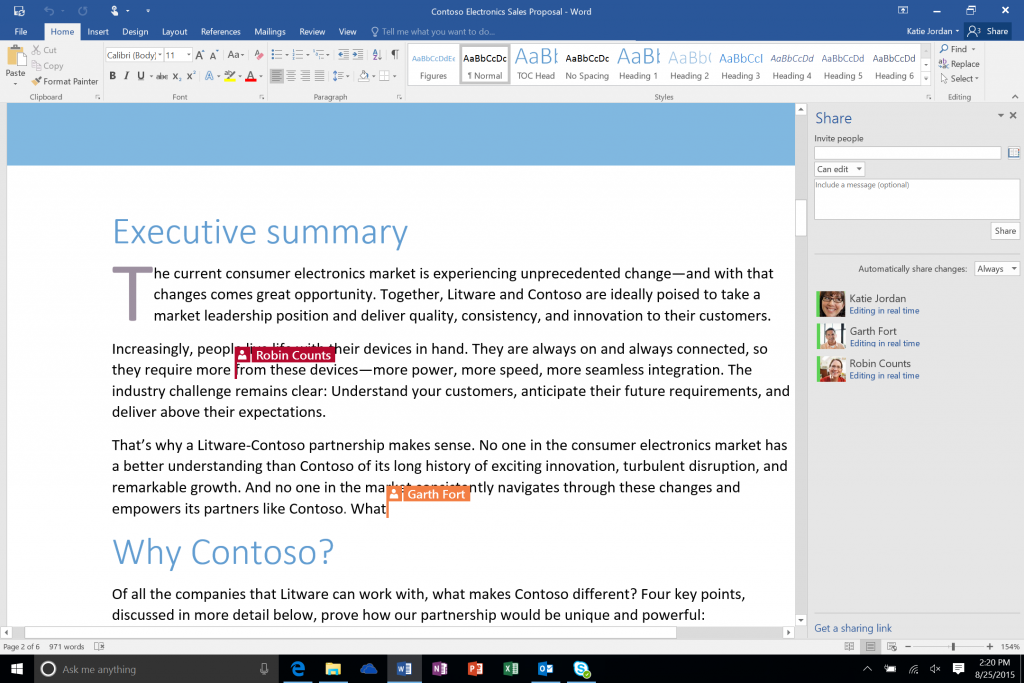 Screenshot of a Word document showing active co-authoring by three users