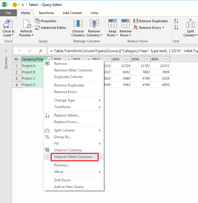 Learn how to unpivot static tables in Excel 2016 6