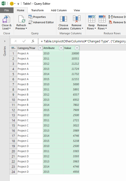 Learn how to unpivot static tables in Excel 2016 7