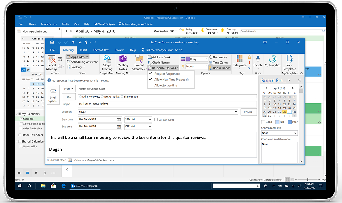 A tablet displays Response Options for a meeting request in Outlook.