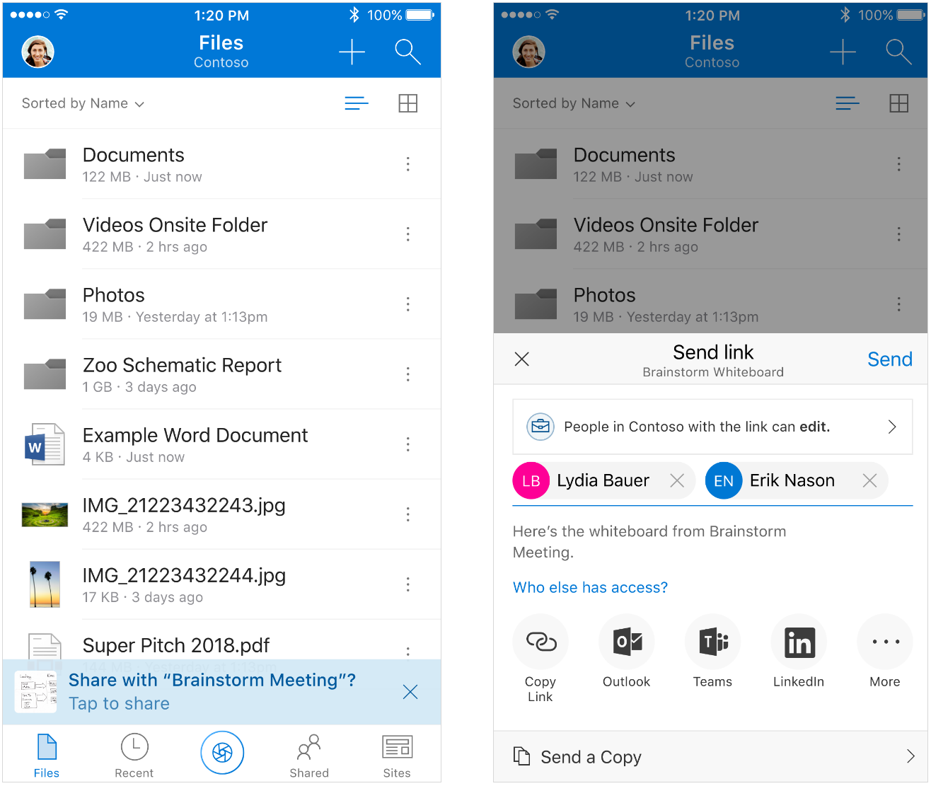Side-by-side screenshots show how to intelligently share files in Outlook.