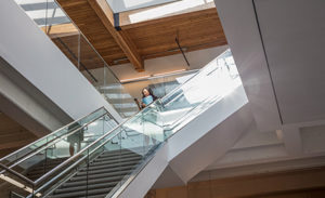 Image of a worker descending a staircase while looking at her phone.