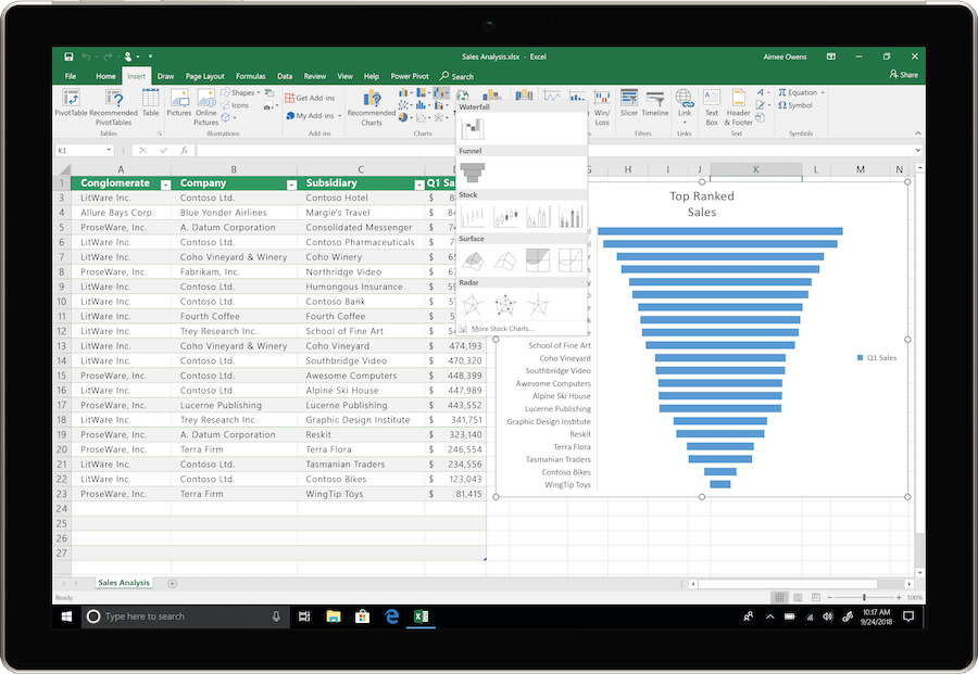Una imagen muestra un dispositivo utilizando Excel en Office 2019.