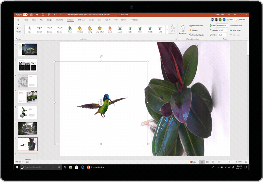 An animated screenshot showing an embedded animation of a hummingbird in PowerPoint.