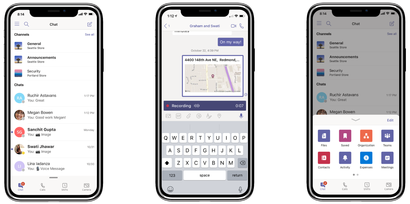 Three iPhones display the new Teams feature: Keep all conversations in one place (left), share location and record audio messages (middle), and customize the navigation menu (right)