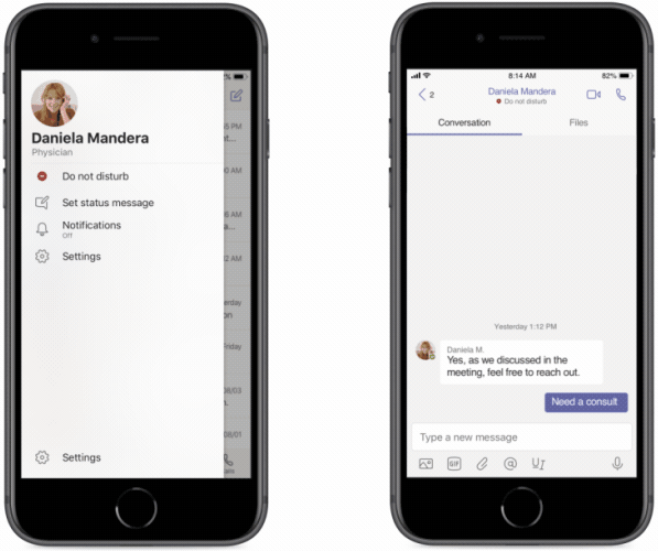 Animated image of two phones showing a clinician assigning another person to receive their messages in Teams.