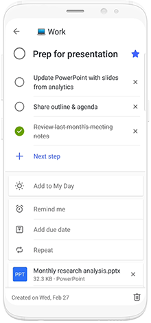 Image of a phone using Microsoft To-Do to schedule prep time for a presentation.