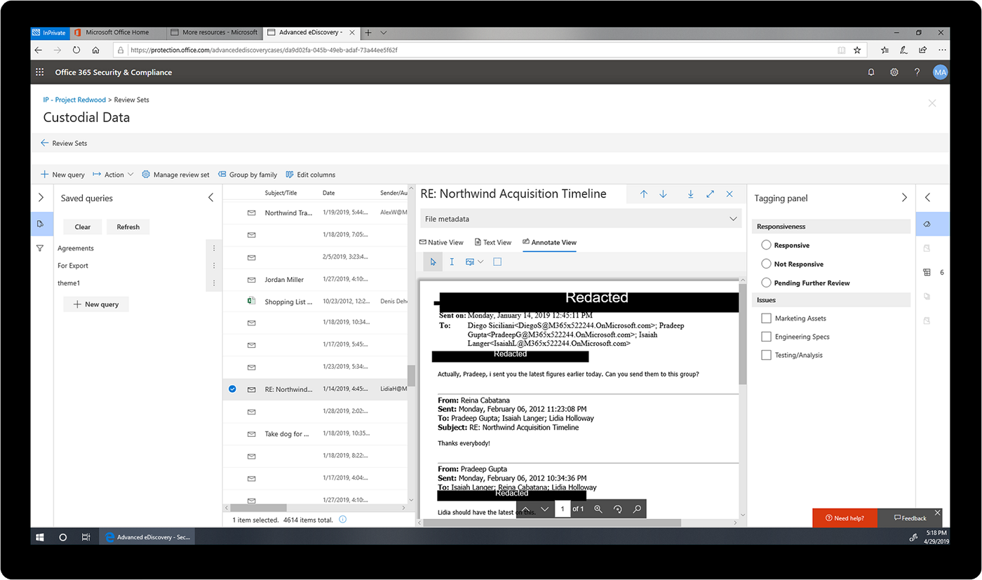 Image of a Custodial Management workflow in the Office 365 Security and Compliance center.